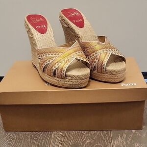 Christian Louboutin Cataribbon Gold and Tan Espadrille Wedge Size 7.5 or 38
